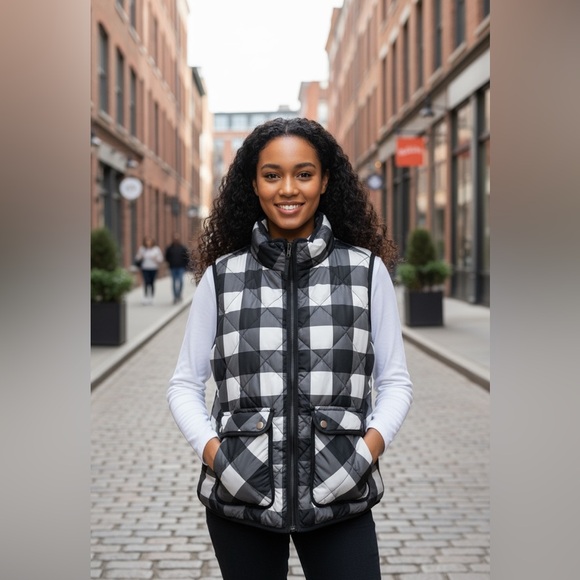 Woolrich down Vest Women’s SMALL black white buffalo check - Picture 1 of 6